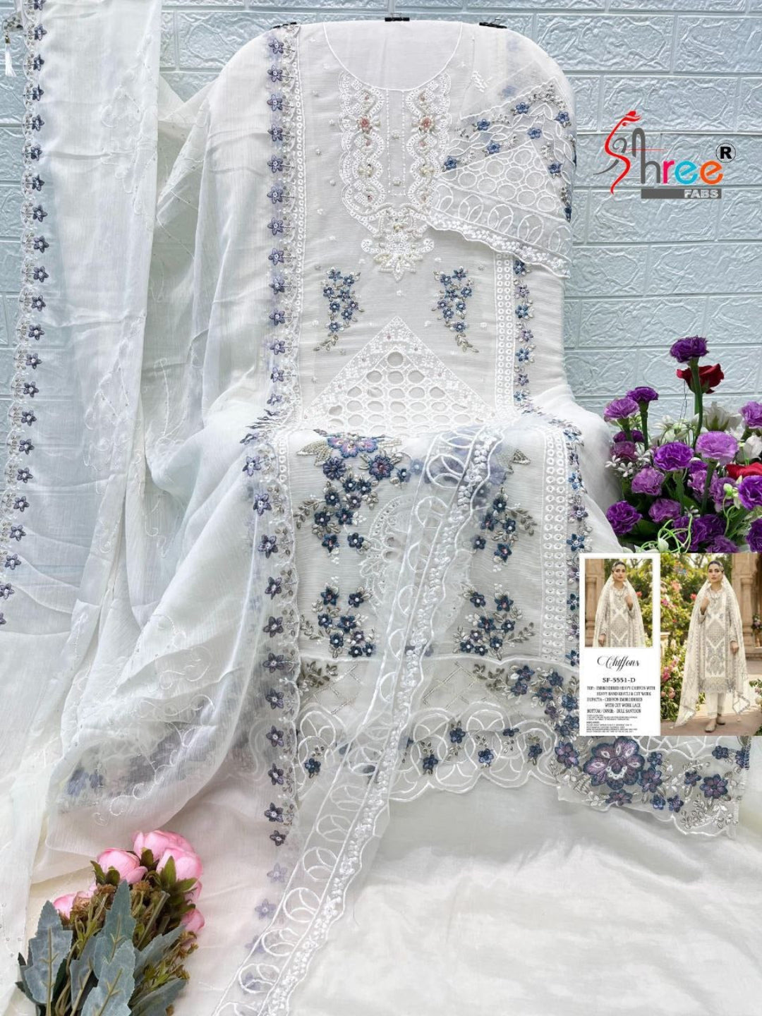 Women’s Heavy Chiffon Embroidered Suit with Hand Khatli Work and French Silk Bottom (XS-5XL)-RE