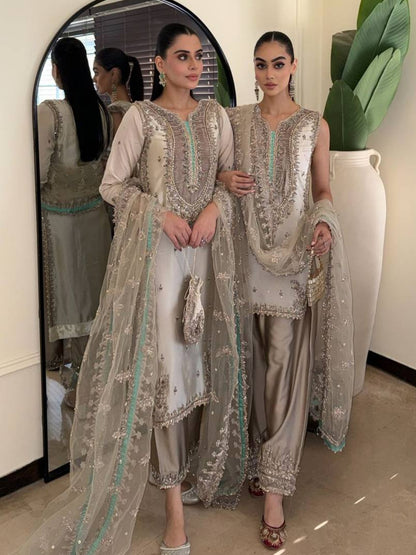 RE Crape Silk Sequence Embroidered Suit Set with Butterfly Net Dupatta