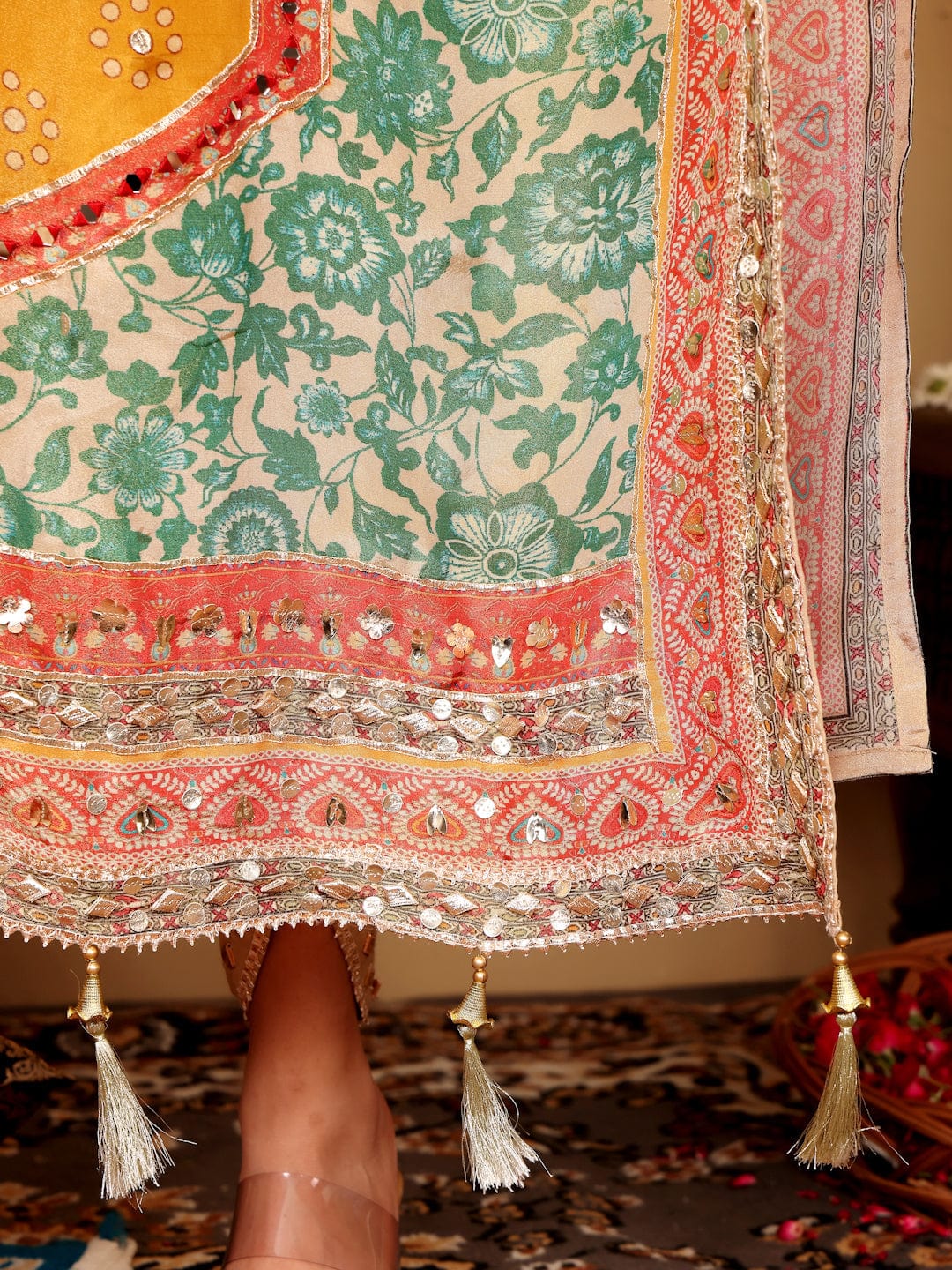 KF Colored Pure Silk Gotta And Mirror Embellished Kaftan With Tulip Pants