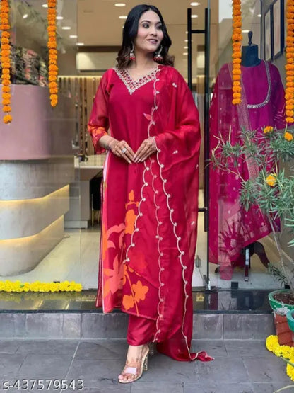 Women Viscose Kora Muslin silk Kurti Pant Dupatta Set -Red & Wine