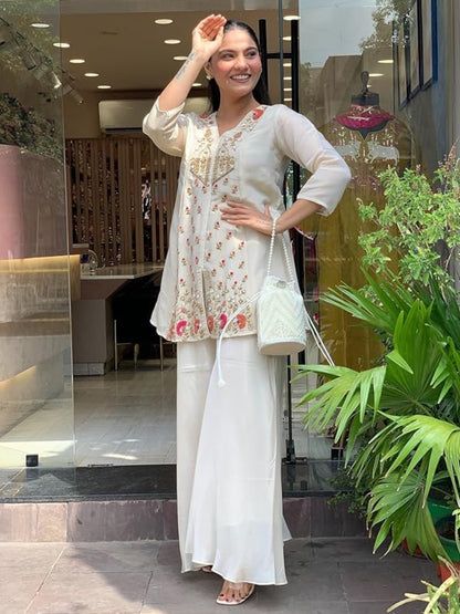 Women's Chanderi Silk Floral Gota Patti Embroidered Kurta Palazzo Set - KE