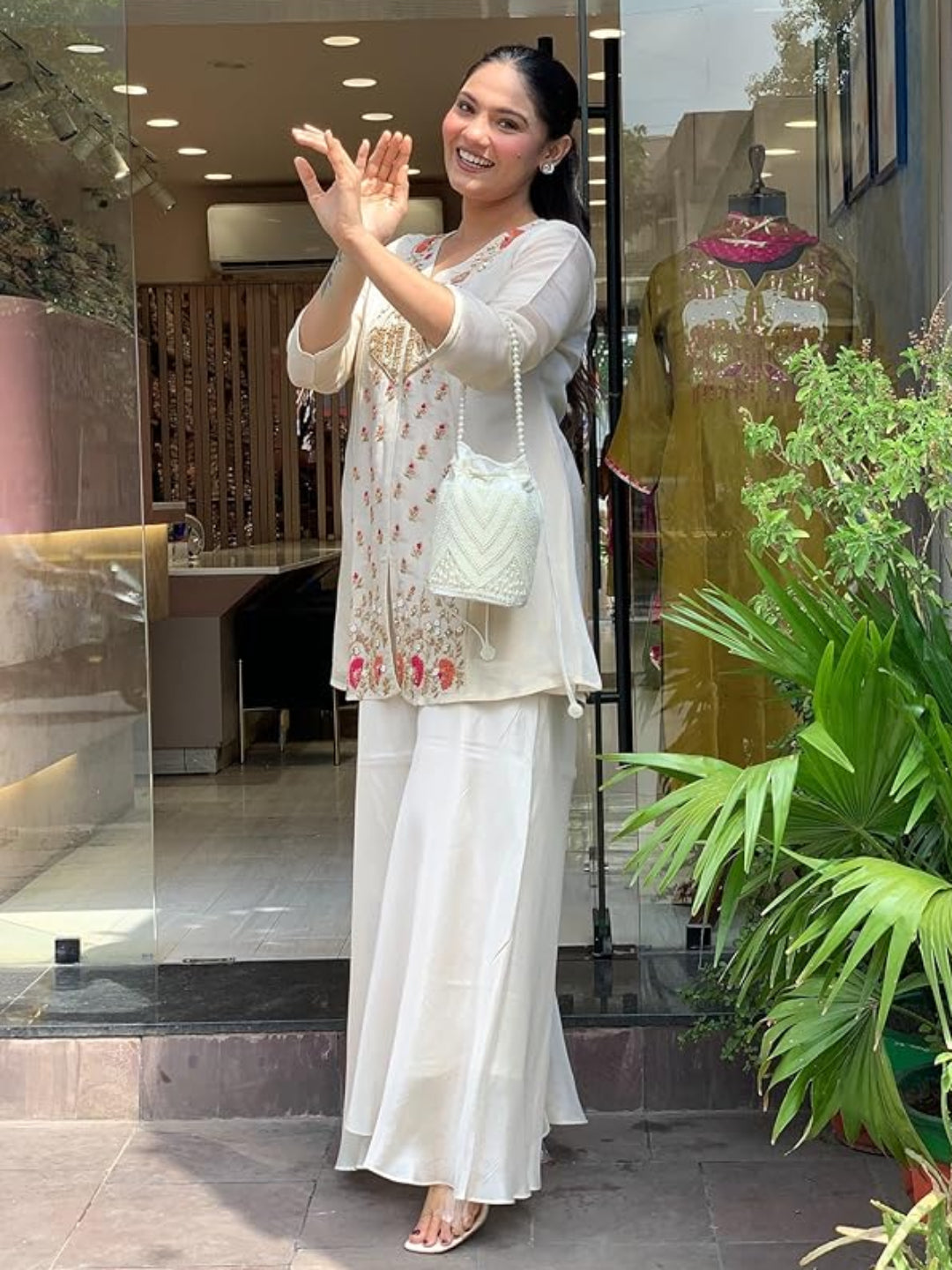 Women's Chanderi Silk Floral Gota Patti Embroidered Kurta Palazzo Set - KE