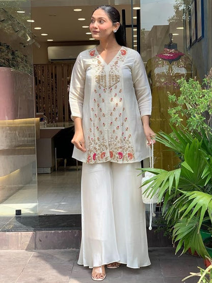 Women's Chanderi Silk Floral Gota Patti Embroidered Kurta Palazzo Set - KE