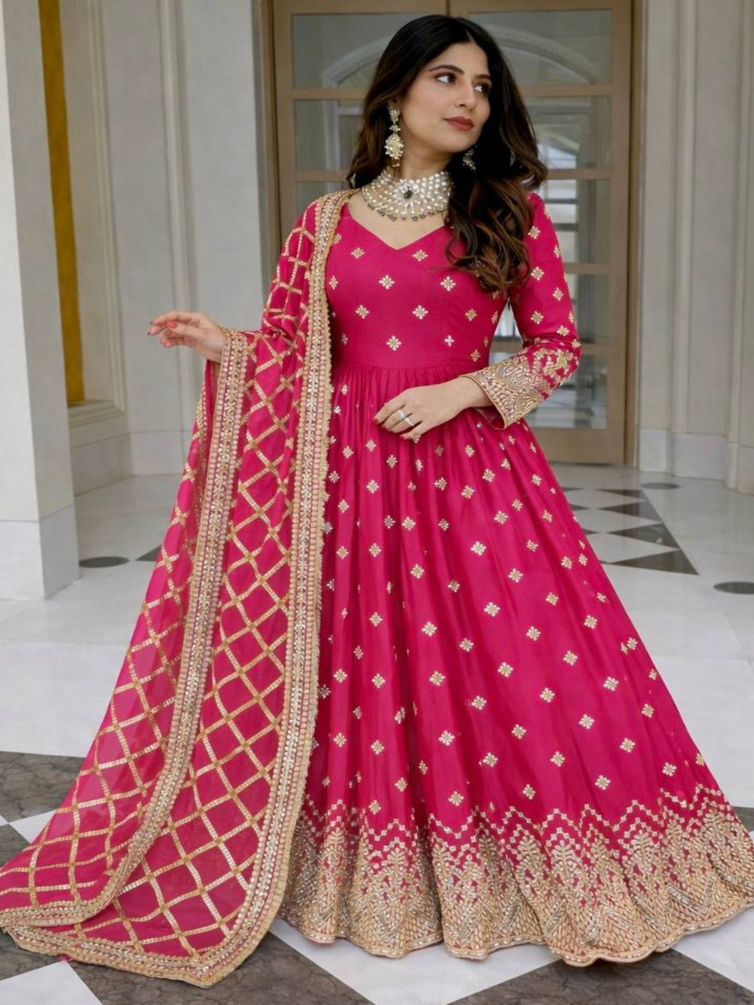 RE Heavy Fox Georgette Sequence Embroidery Gown Set with Butter Silk Pants & Zalar Dupatta