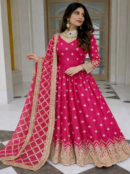 RE Heavy Fox Georgette Sequence Embroidery Gown Set with Butter Silk Pants & Zalar Dupatta