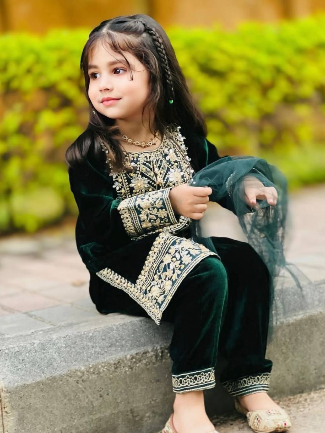 RE Girls' Heavy Viscose Velvet Embroidered Top & Bottom Set with Net Dupatta (3-15 Years)