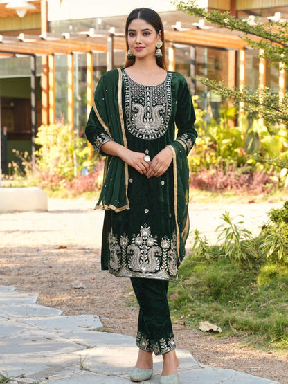 RE Designer 9000 Velvet Embroidered Suit Set with Sequin Work & Pearl Lace Dupatta (M-XXL)