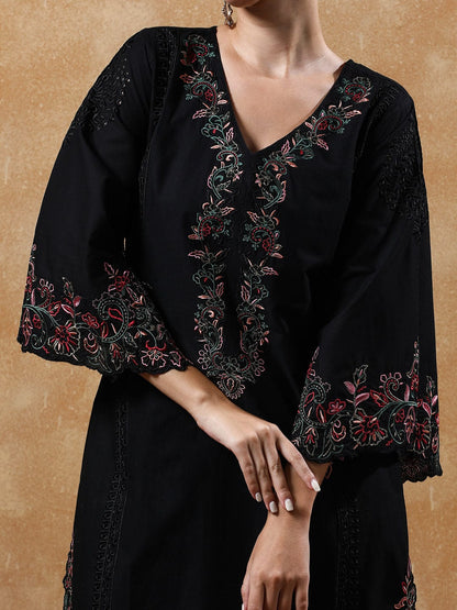 Varanga Women's Black Pure Cotton Embroidered Straight Kurta with Trousers