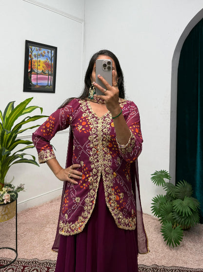 ES Women Faux Georgette Bandhani Koti-Lehenga 3 piece suit set