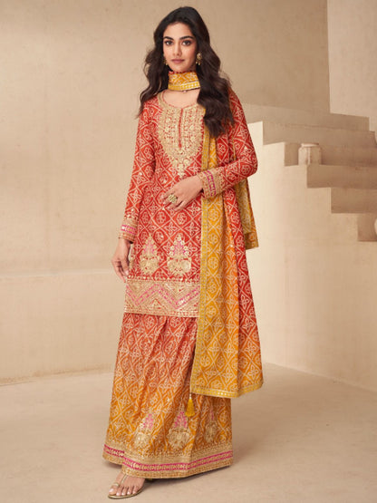 ES New Free-Size Stitched Catalog – Elegant Chinnon Silk Top, Plazzo & Dupatta