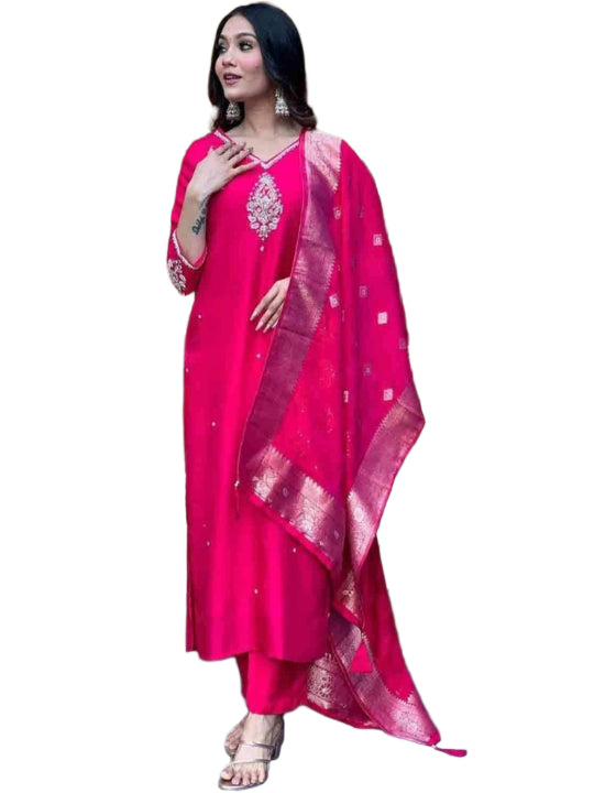 ICF Women's Viscose (Rayon) Straight Embroidered Kurta with Pant & Dupatta