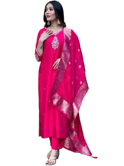 ICF Women's Viscose (Rayon) Straight Embroidered Kurta with Pant & Dupatta