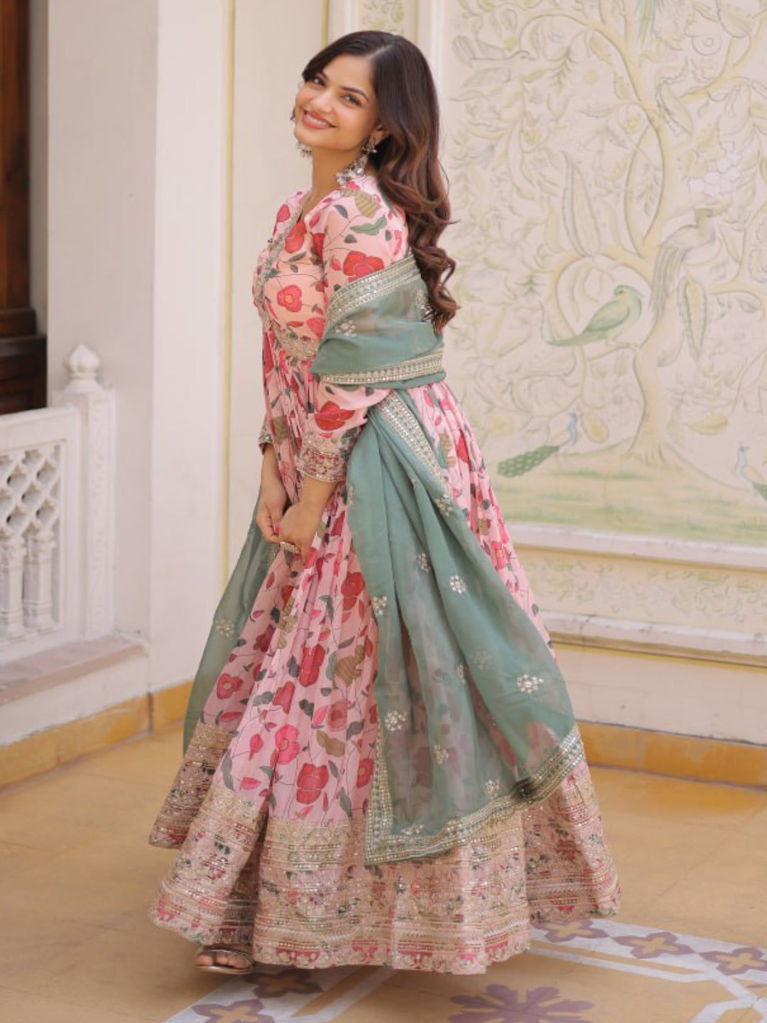 RE Designer Alia Cut Russian Silk Gown with Digital Print & Sequins Work