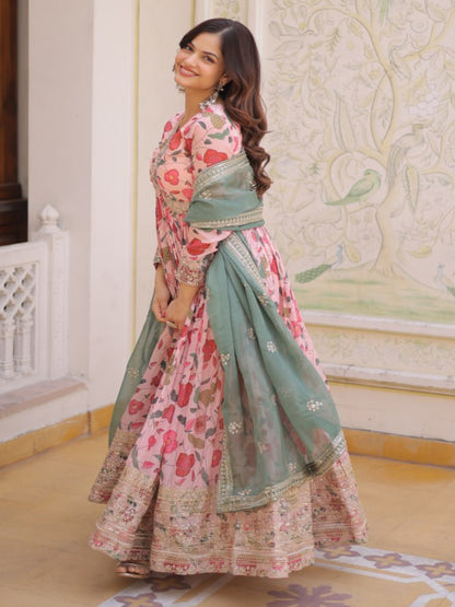 RE Designer Alia Cut Russian Silk Gown with Digital Print & Sequins Work