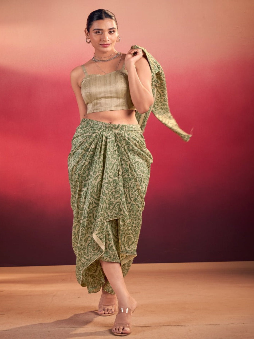 Women's Tasar Silk Printed 3-Piece Indo Western - Stitched Blouse, Top & Trousers- RE