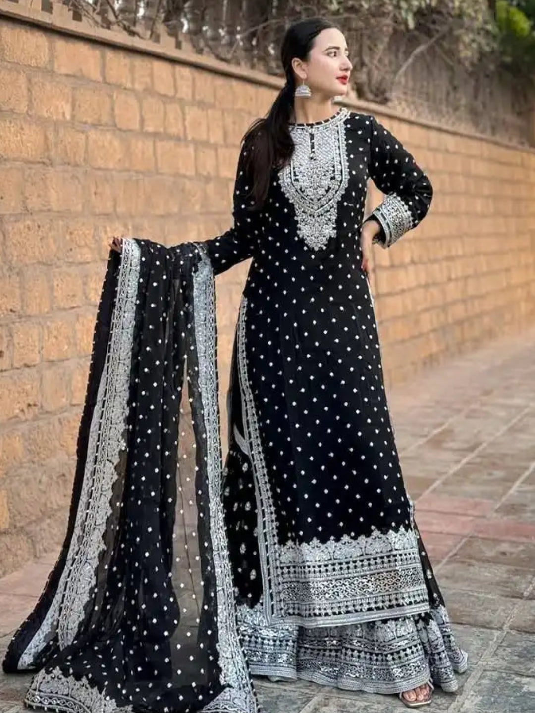 WT Women's Fully Stitched Fox Georgette Sharara Set with Sequence Embroidery