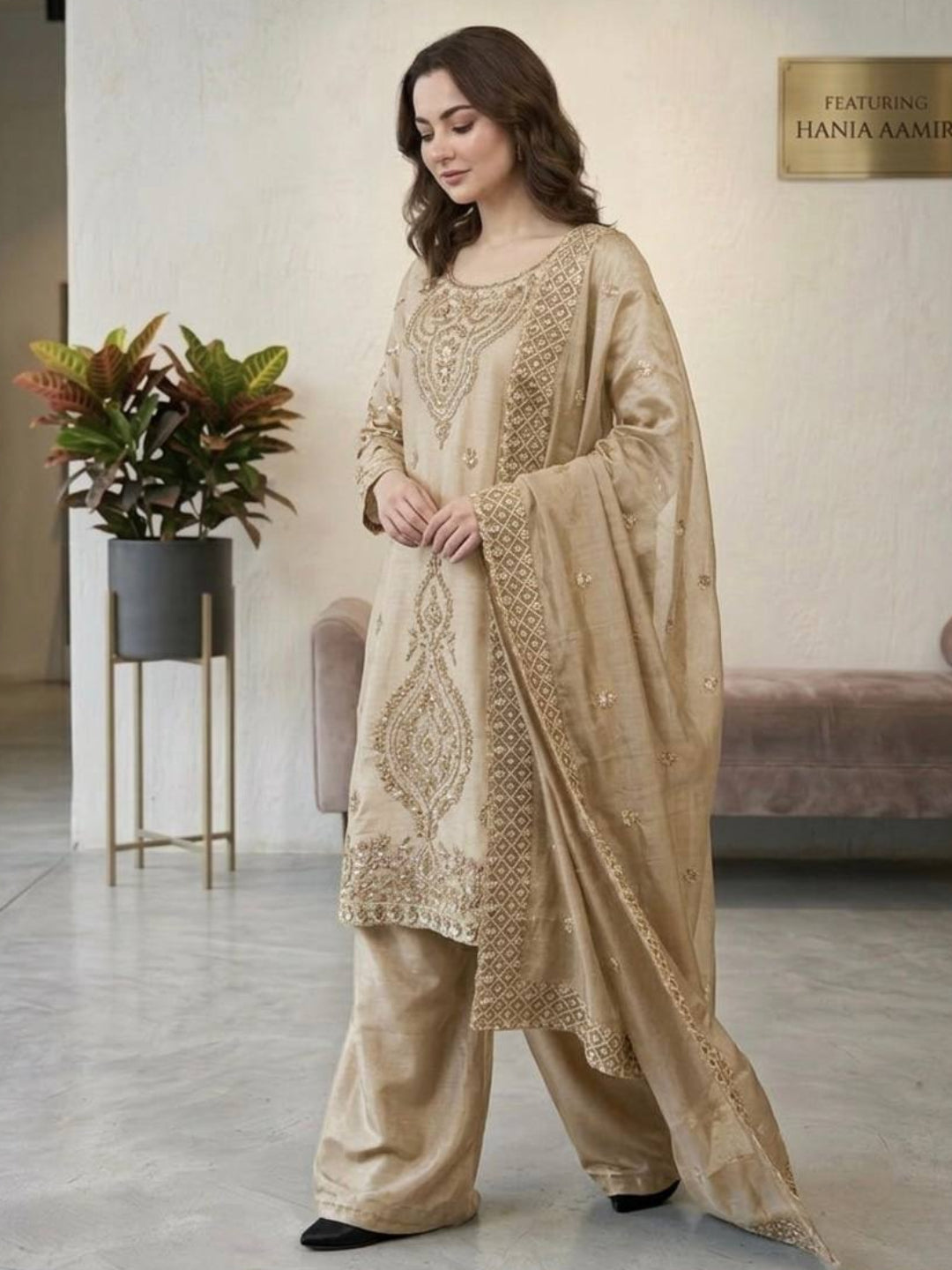 Women’s Jimmy Choo Silk Embroidered Top and Sharara Set with Sequence Cutwork Dupatta - RE