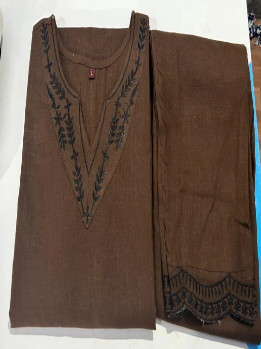 ICF Women Brown Khadi Cotton Suit Set with Embroidery & Digital Print Dupatta