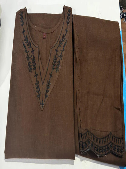 ICF Women Brown Khadi Cotton Suit Set with Embroidery & Digital Print Dupatta