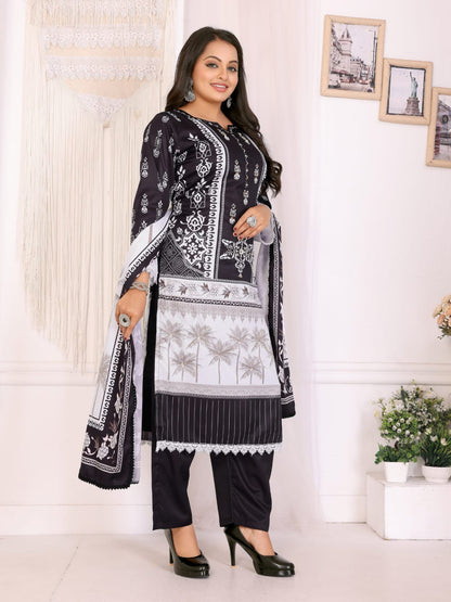 ICF Women's Silk Blend Black & White Printed & Embroidered Kurti with Pant & Dupatta Set