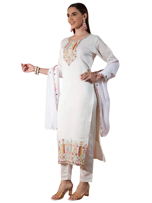 ICF Women’s White Vertigan Embroidered Kurta Set with Georgette Dupatta