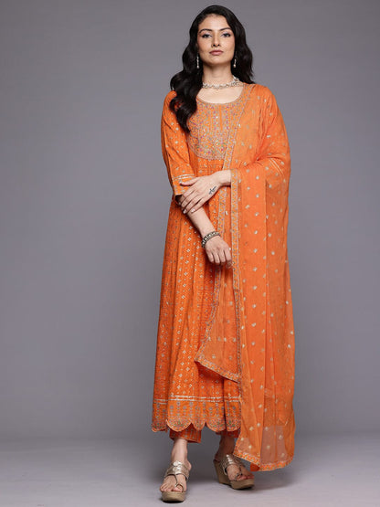 KF Mirror and Thread Embroidered, Zari Embellished Anarkali Kurta With Printed Bottom and Embroidered Dupatta