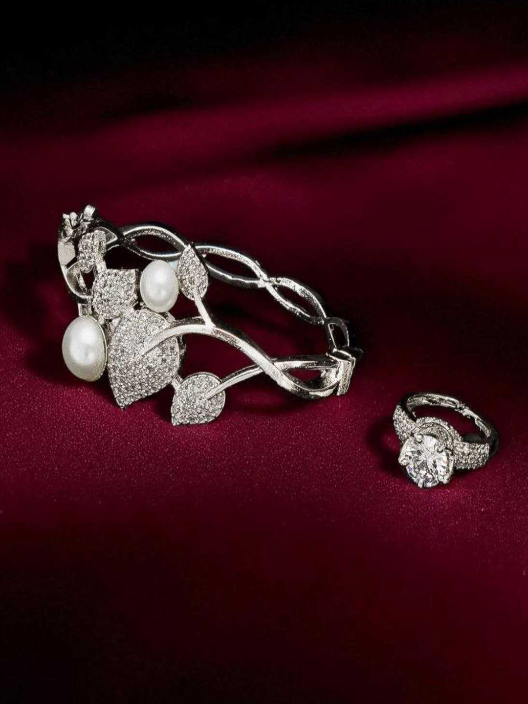 YNF Designer Silver-Plated AD Diamond Kada Bracelet with Matching Antique Ring Set