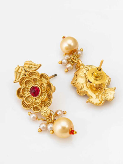 YNF Elegant Brass Gold Necklace and Earrings Set with Lustrous Pearls (Long Set) 2