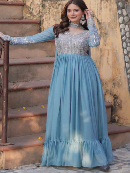 ES Star Georgette Gown with Embroidery Beads Sequins-work