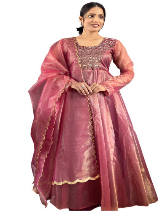 ES Women Twill Net Tissue Silk Designer Hand Work Gown With Cut Work Dupatta