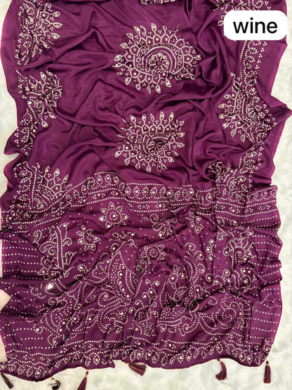 YNF Ajrakh Print Soft Satin Crepe Silk Saree with Real Mirror Work