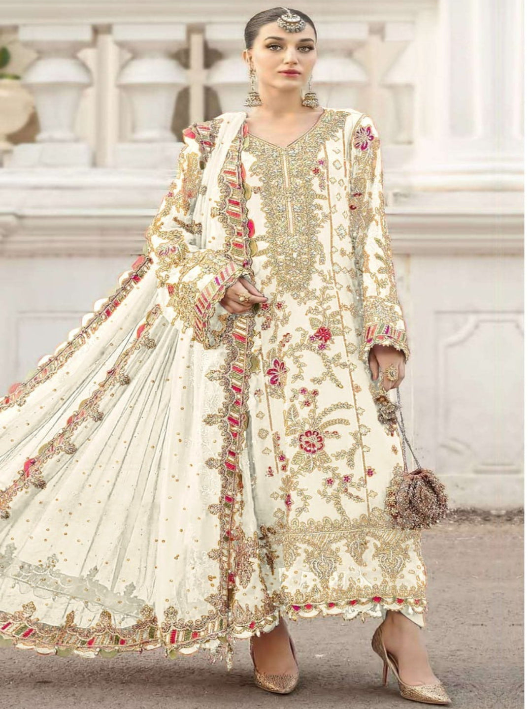 Women’s Chiffon Sequence Work Suit (XS to 5XL) with Khatli Neck Embroidery - RE