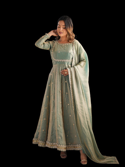 ES Fandy Silk Gown with Pant & Dupatta & Coding Sequnce work