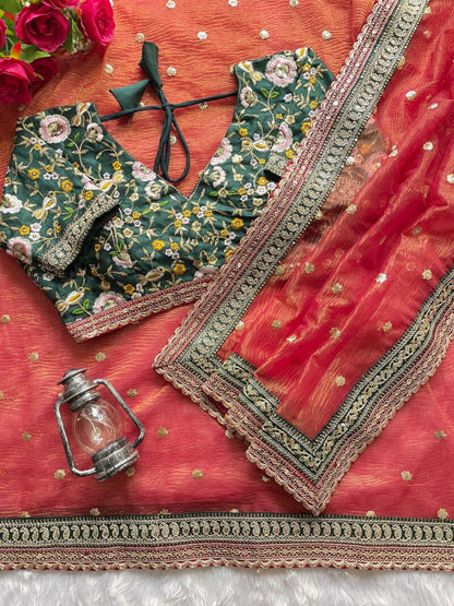 ES Women’s Soft Crush Saree with Golden Jari Butta and Fully Stitched Sequence Blouse