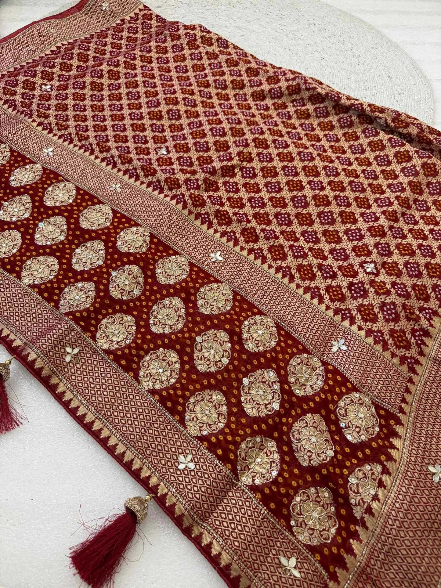 YNF Elegant Rani & Maroon Pure Georgette Khadi Silk Blend with Ghadchola Frill