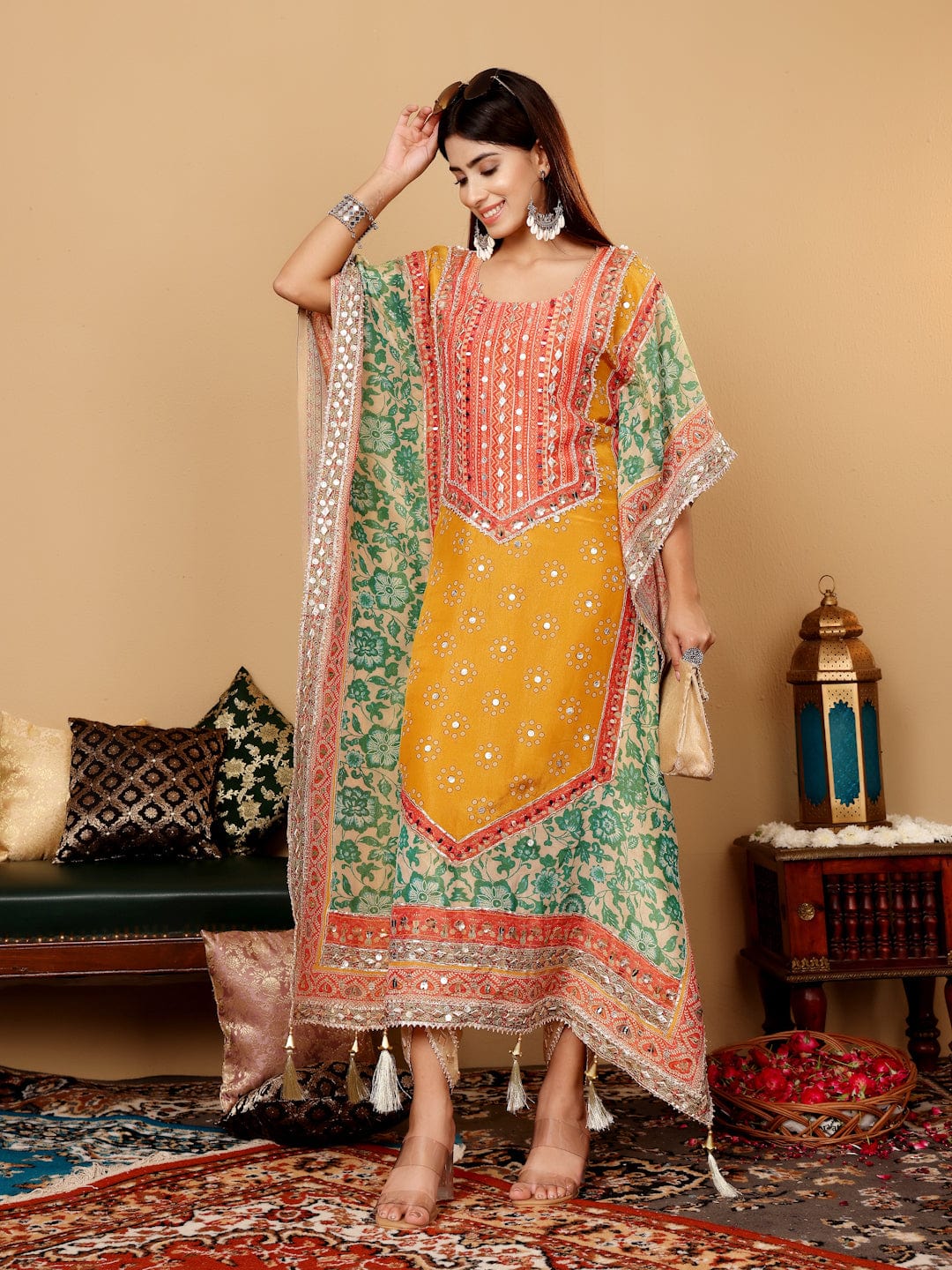 KF Colored Pure Silk Gotta And Mirror Embellished Kaftan With Tulip Pants