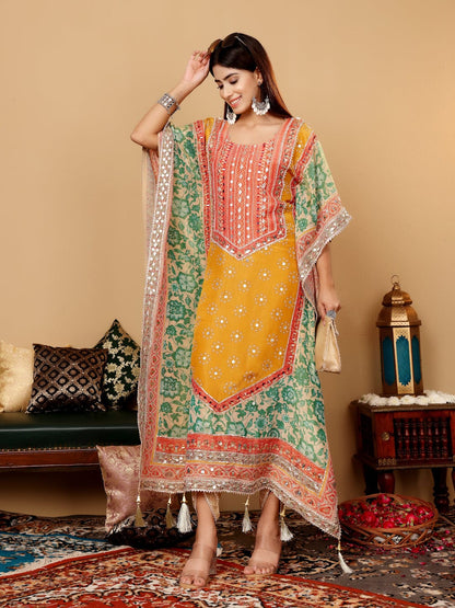KF Colored Pure Silk Gotta And Mirror Embellished Kaftan With Tulip Pants