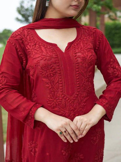 RE Designer Embroidered Georgette Kurti Palazzo Set with Lace Dupatta