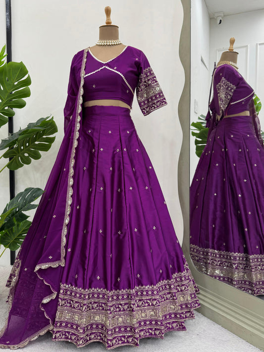 ES Satin silk Lehenga Choli & Dupatta with Thread with Sequins