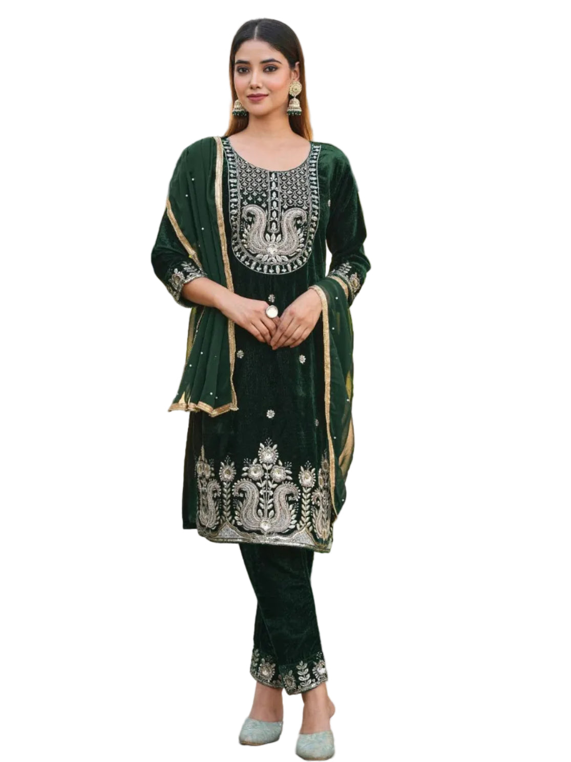 RE Designer 9000 Velvet Embroidered Suit Set with Sequin Work & Pearl Lace Dupatta (M-XXL)