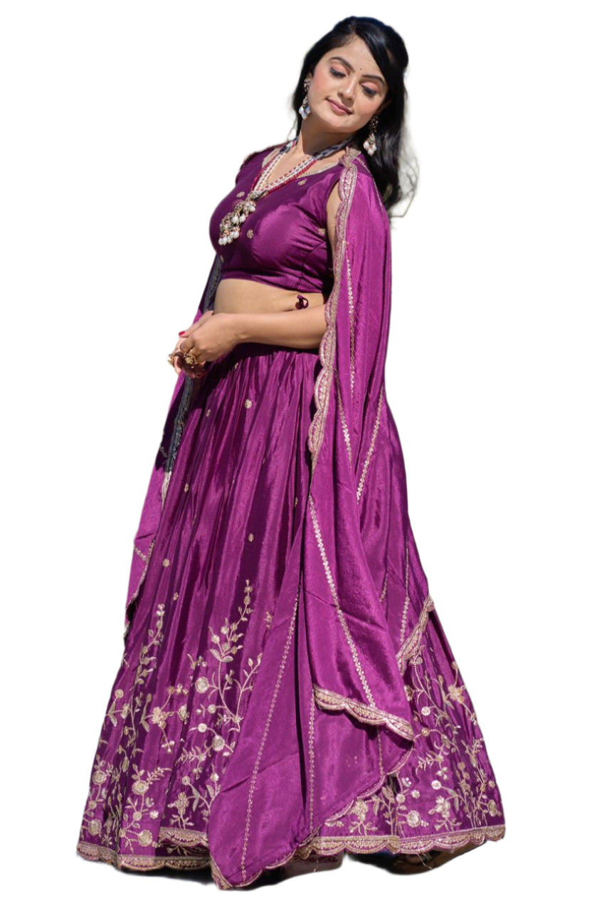 ES Heavy Chinon Silk Lehenga, Blouse & Dupatta with exquisite embroidery and zari work,