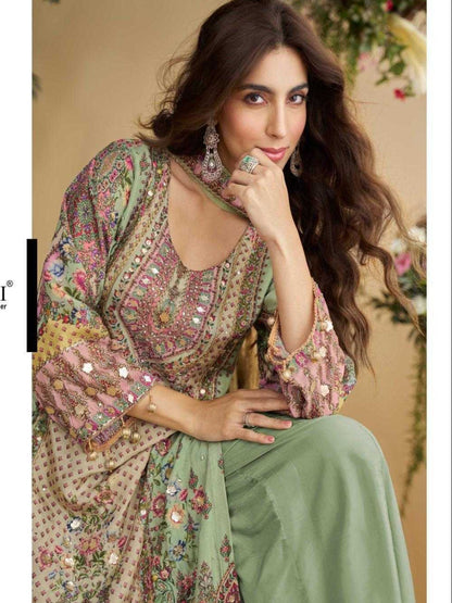 YNF Crepe Silk Suit Set | Printed Top Palazzo | Hand Aari Gota Patti Work