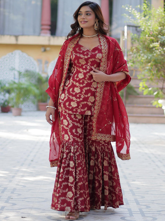 ES Georgette Jacquard Top, Gharara, and Dupatta with Sequins Embroidery and Lace Border