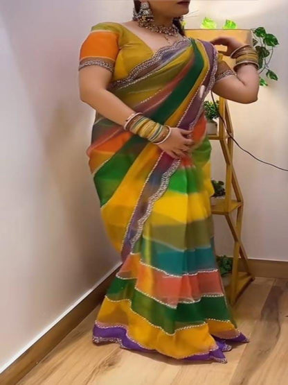 YNF Luxurious Soft Tabby Silk Saree with Zarkhan Stone Work & Contrast Satin Blouse