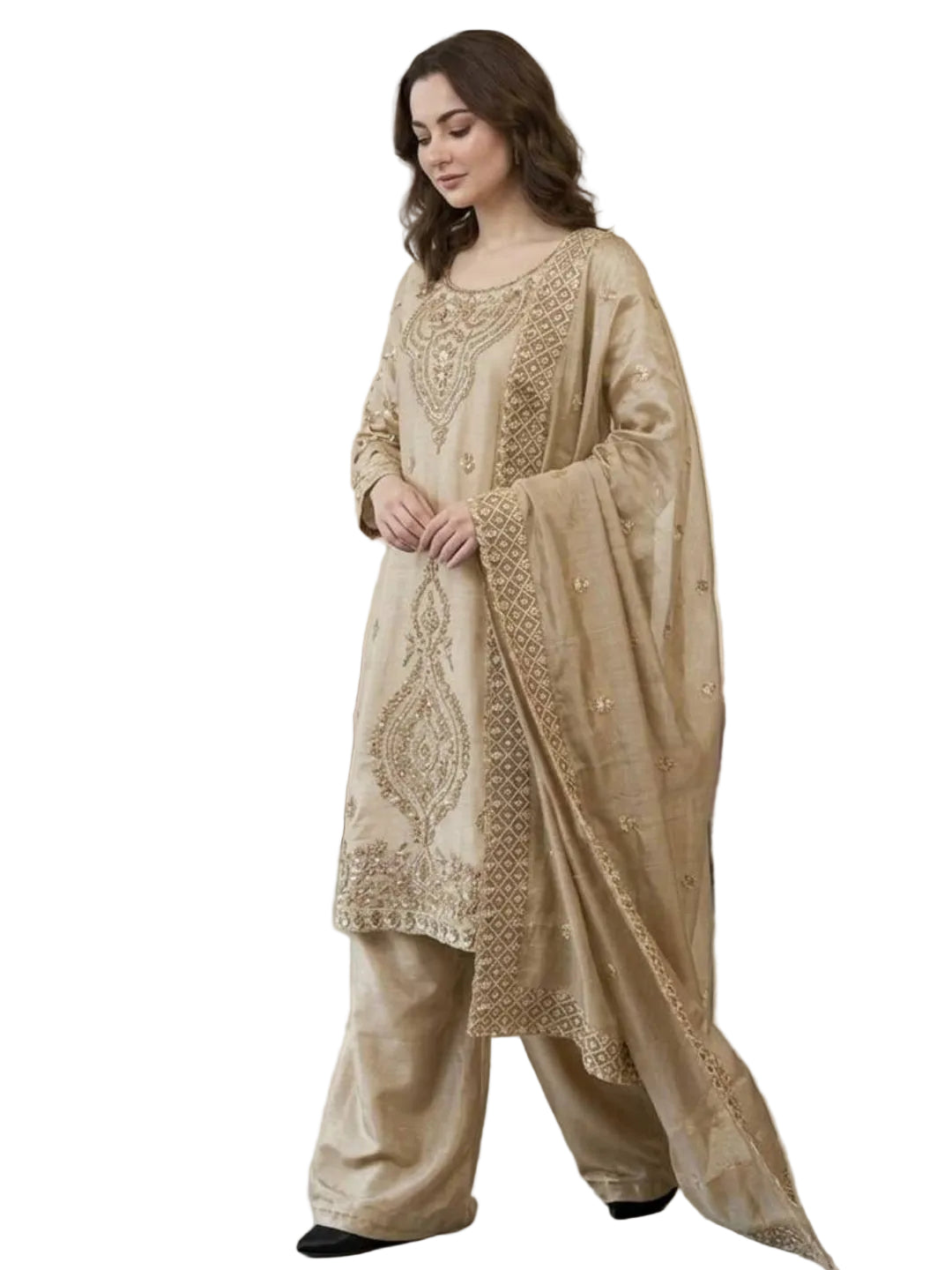 Women’s Jimmy Choo Silk Embroidered Top and Sharara Set with Sequence Cutwork Dupatta - RE