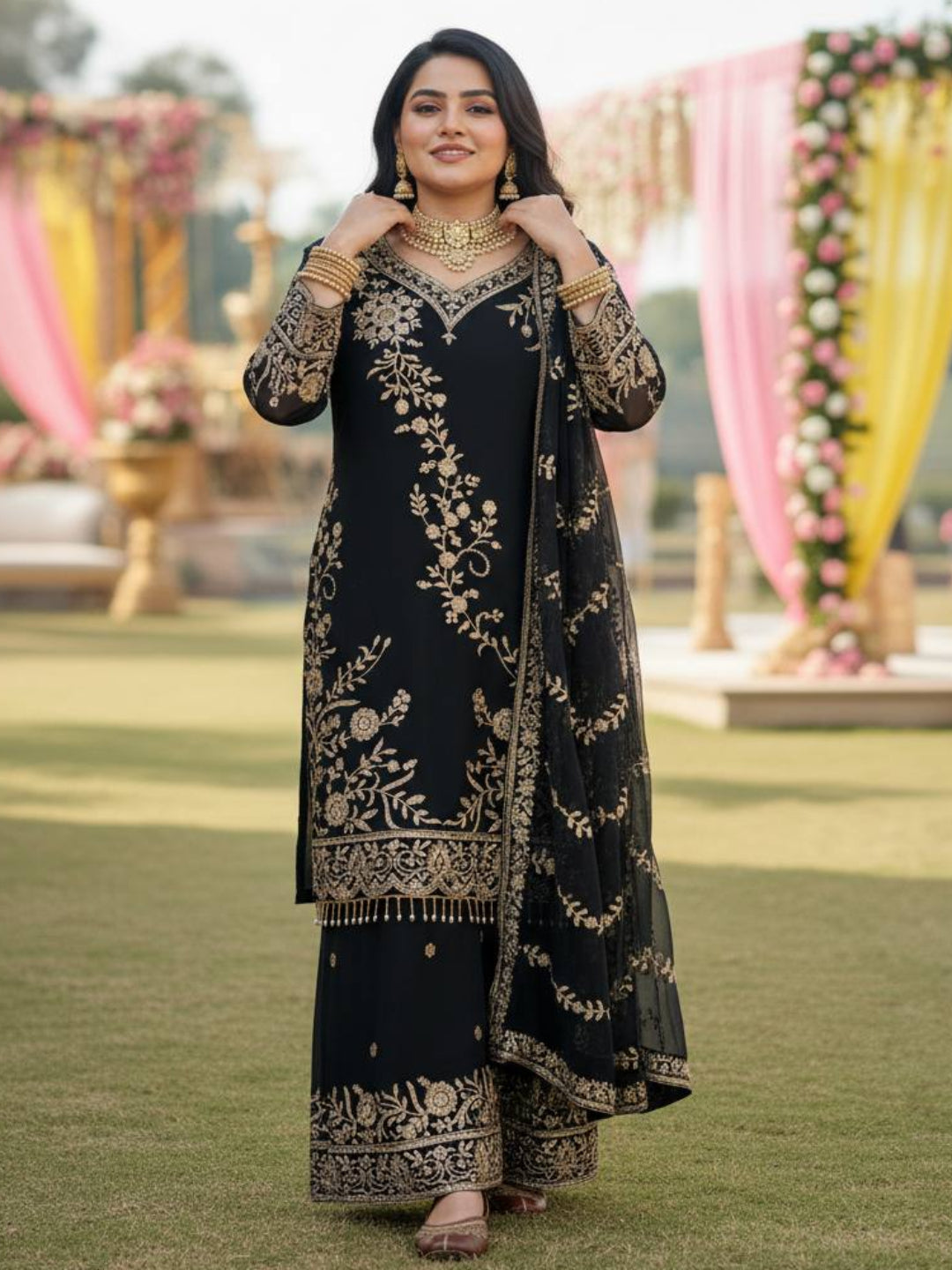 RE Semi Faux Georgette 3-Piece Kurti Plazzo Set with Sequence & Zari Work