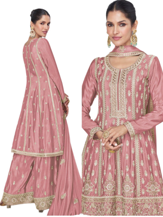 ES Women Premium Chinnon Silk  Top & Plazzo With Matching Dupatta