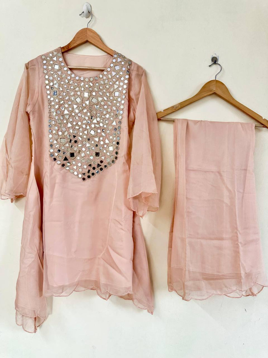 RE Designer Tebby Silk Co-ord Set with Mirror Work & Semi-Bell Sleeves