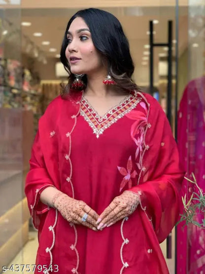 Women Viscose Kora Muslin silk Kurti Pant Dupatta Set -Red & Wine