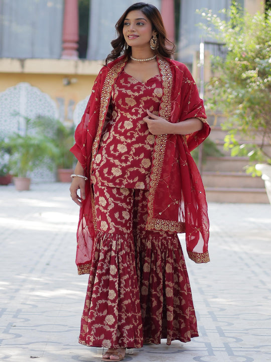 ES Georgette Jacquard Top, Gharara, and Dupatta with Sequins Embroidery and Lace Border